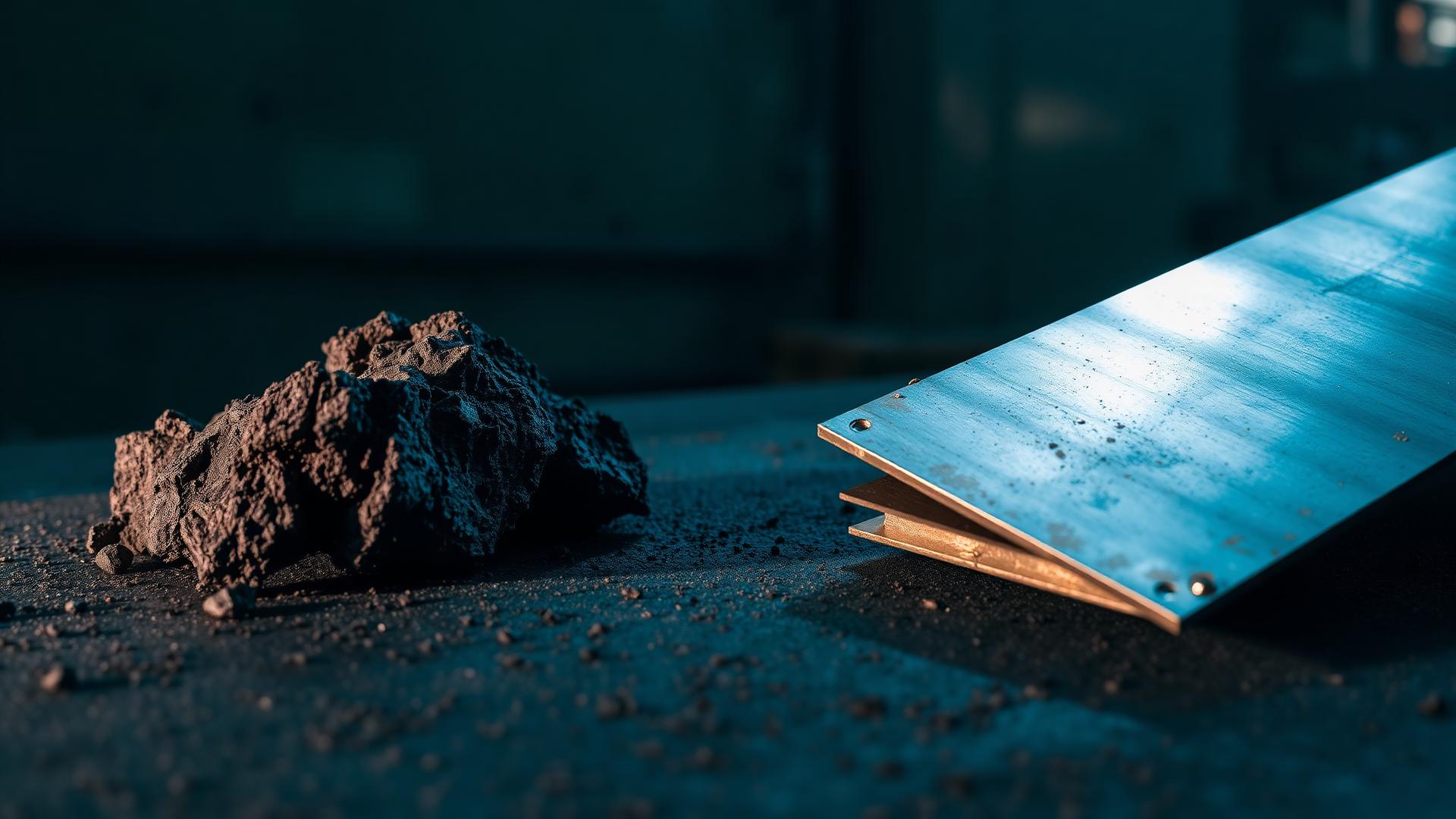 Raw cobalt ore beside a metallic cobalt cathode sheet on an industrial floor