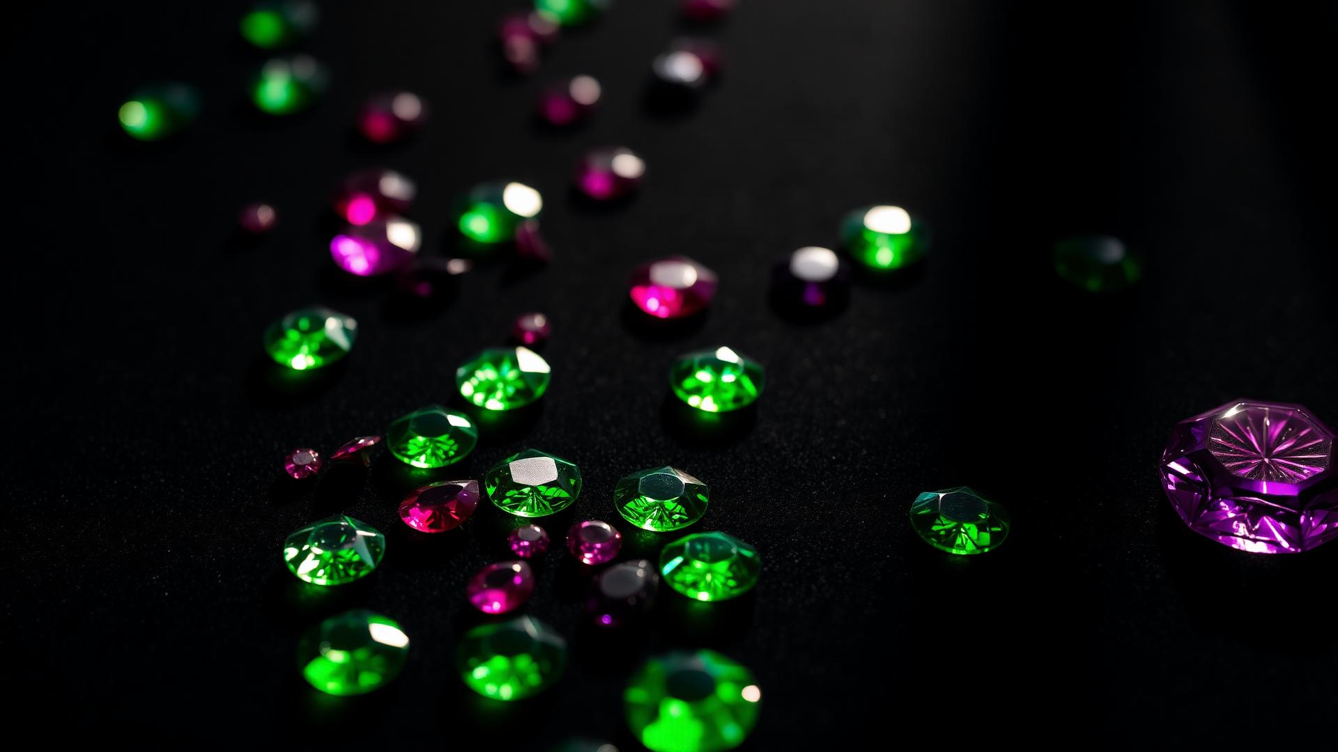 Fine green, pink and violet faceted gemstones arranged on black velvet
