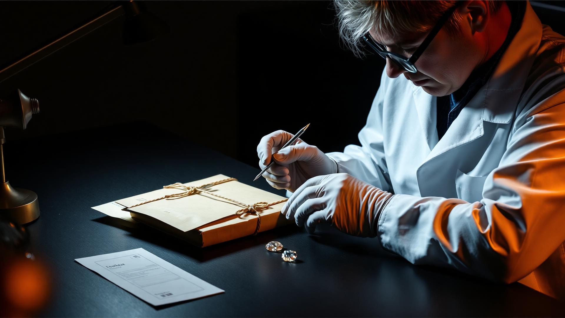 Gemologist in white gloves inspecting stones beside sealed parcel papers