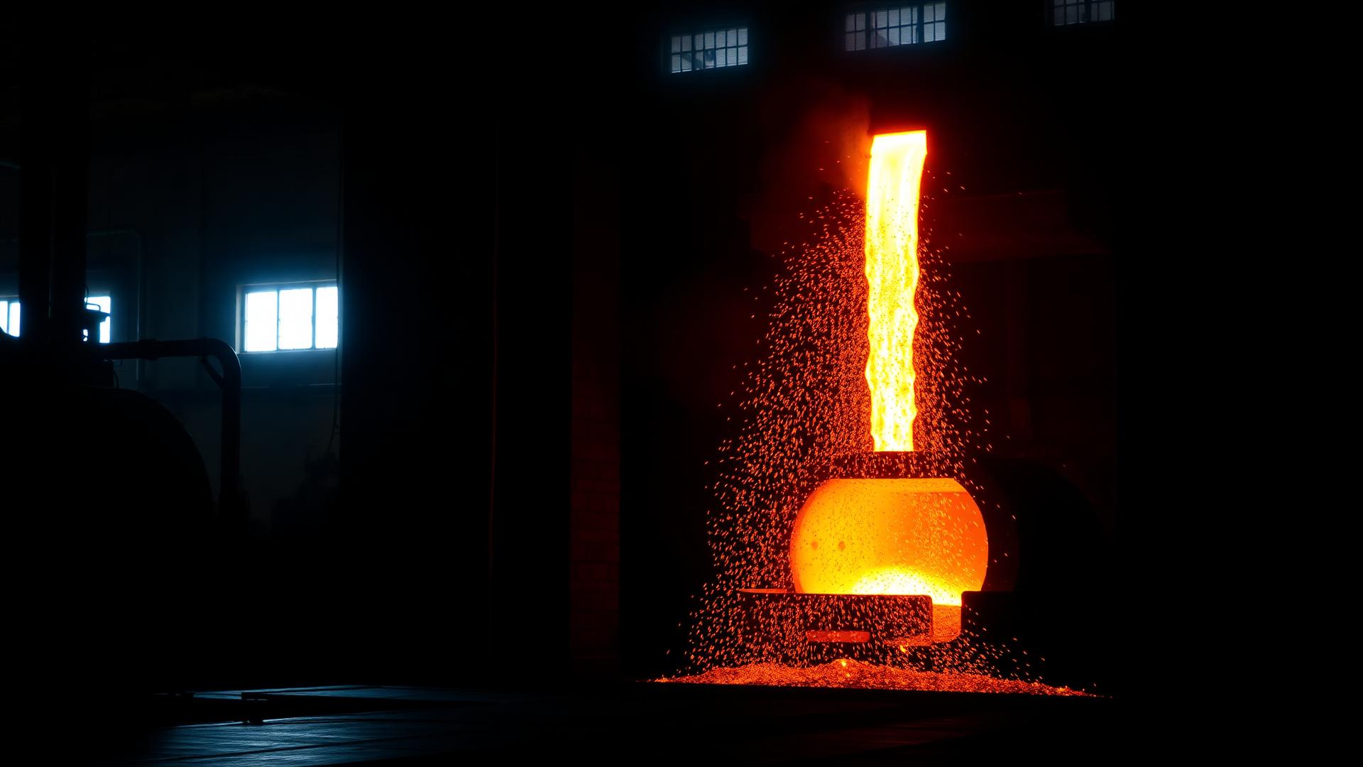 Molten metal pouring in a ferroalloy smelter with glowing sparks