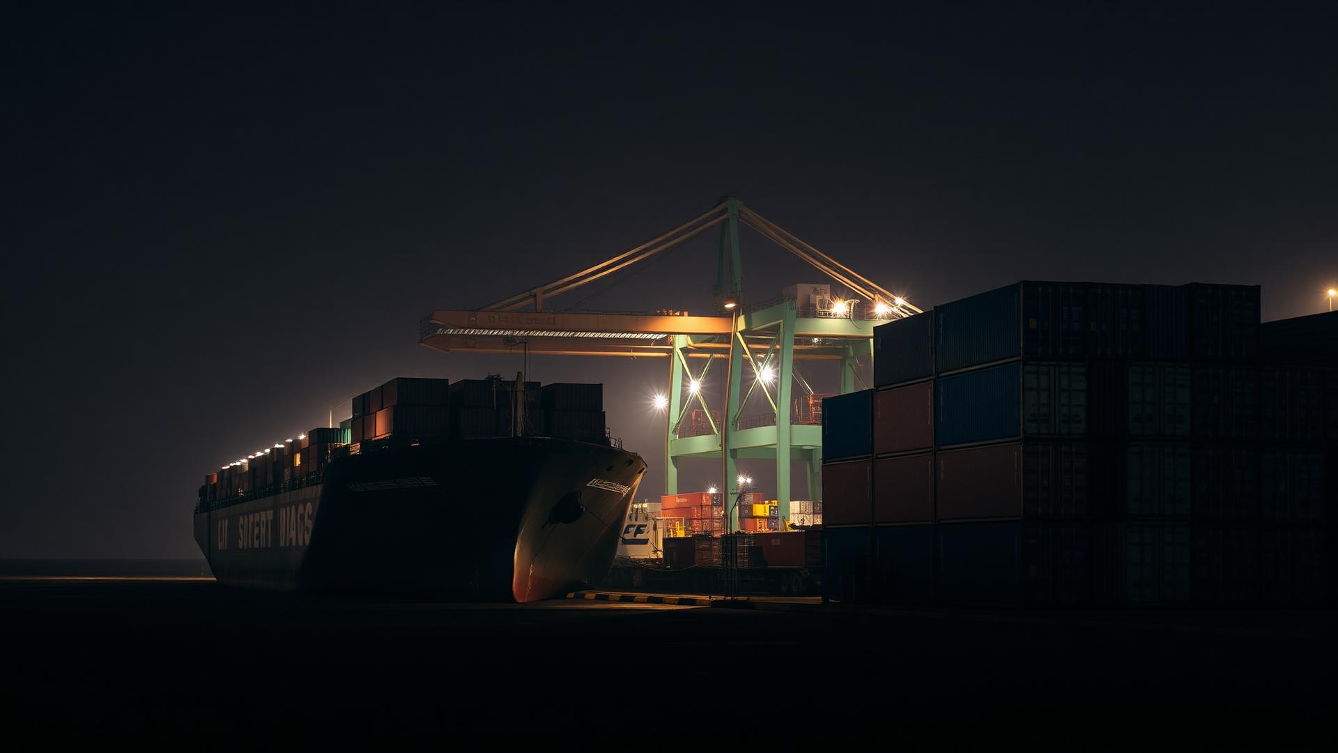 Container ship being loaded at a port terminal at night