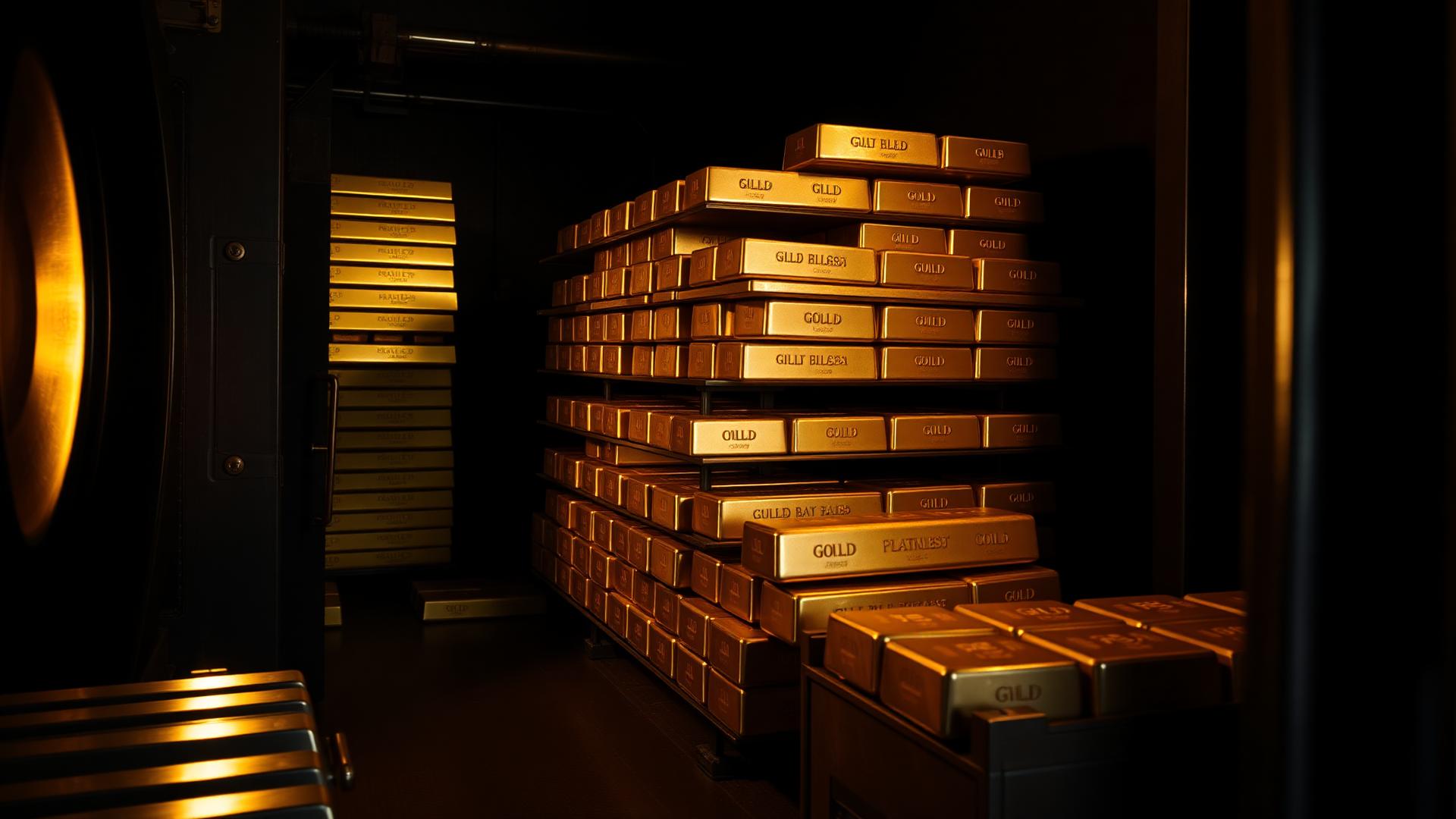 Stacked gold bullion bars and platinum ingots in a secure vault