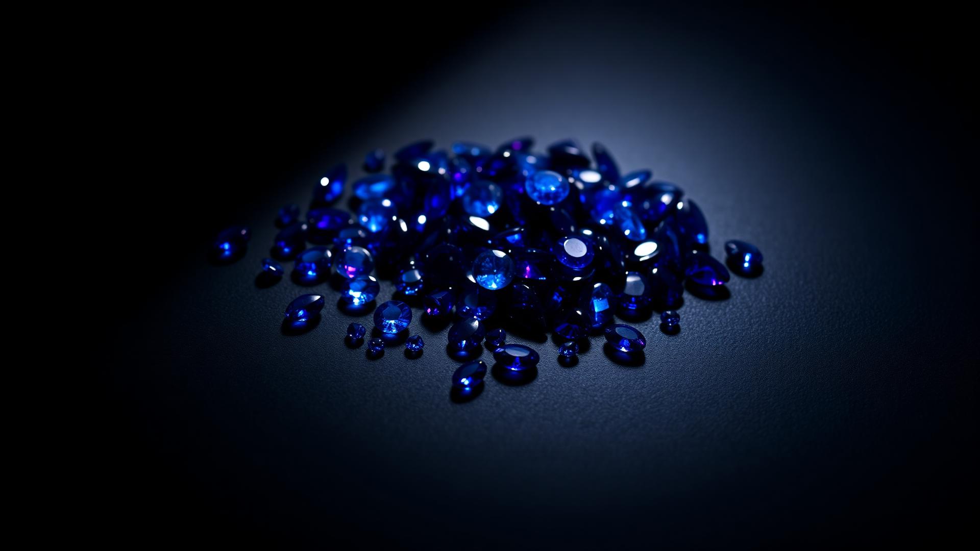 Parcel of faceted blue-violet tanzanite gemstones under directional light