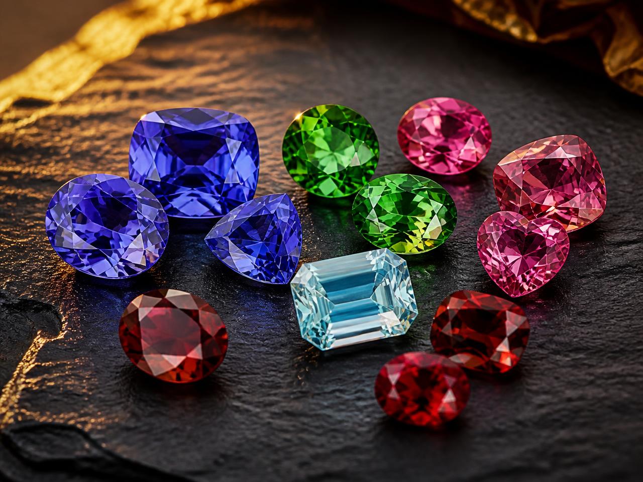 Loose faceted rare gemstones including tanzanite, tsavorite, tourmaline, aquamarine and ruby on dark slate