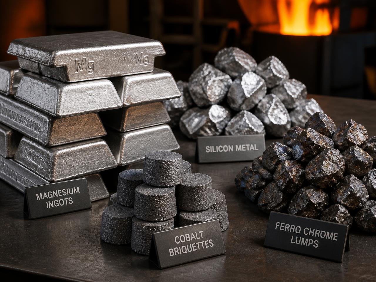 Magnesium ingots, silicon metal, cobalt briquettes and ferro chrome lumps on an industrial surface